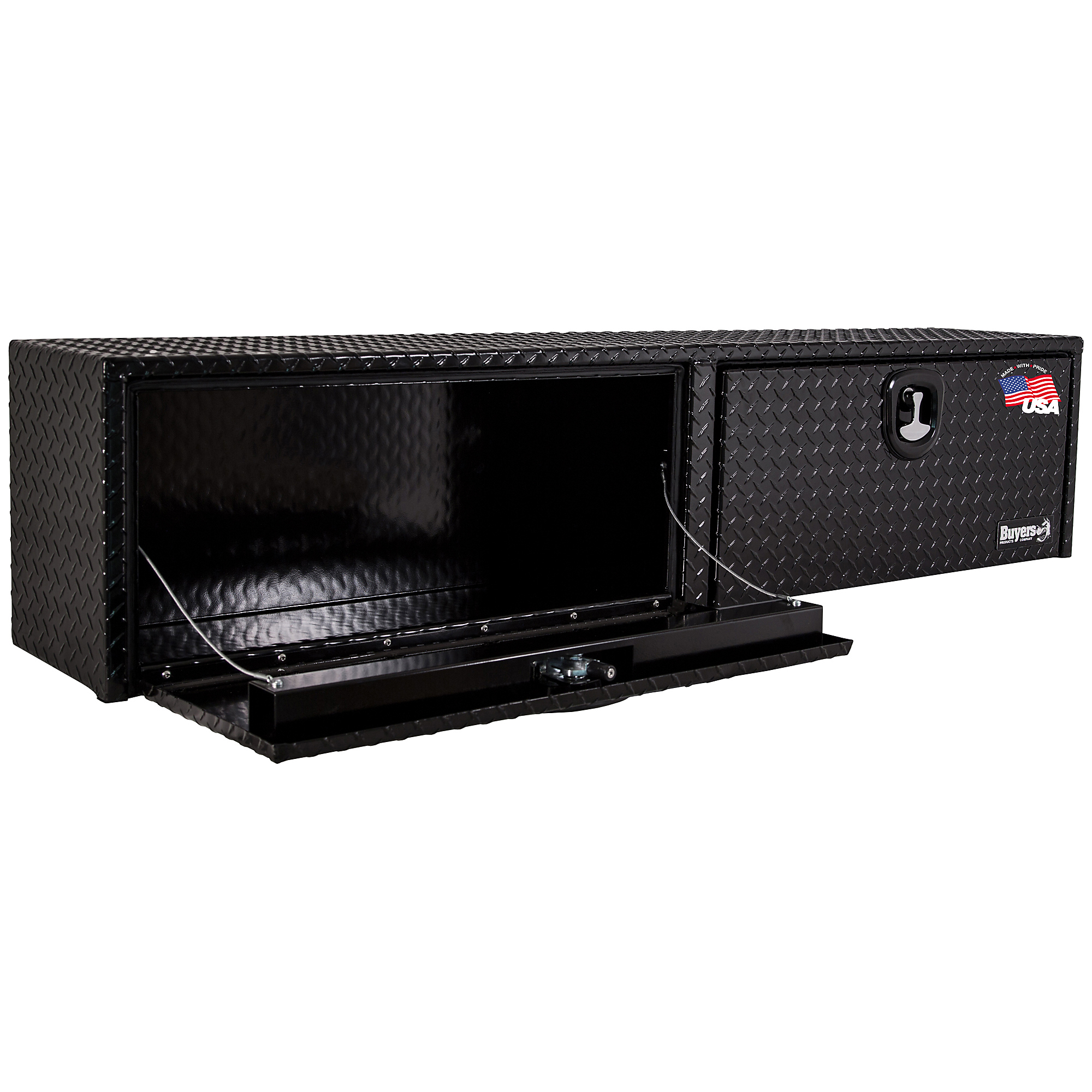 Buyers Products, 96x16x18 Contractor Topsider Truck Bed Tool Job Storage Box, Width 90 in, Material Aluminum, Color Finish Diamond Plate Glossy Black, Model# 1721565